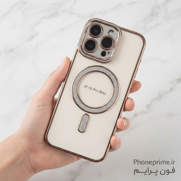 قاب شفاف آیفون 15 پرو مکس مدل Pro Shine – کاور لوکس اکلیلی دور رنگی با مگ سیف و محافظ لنز