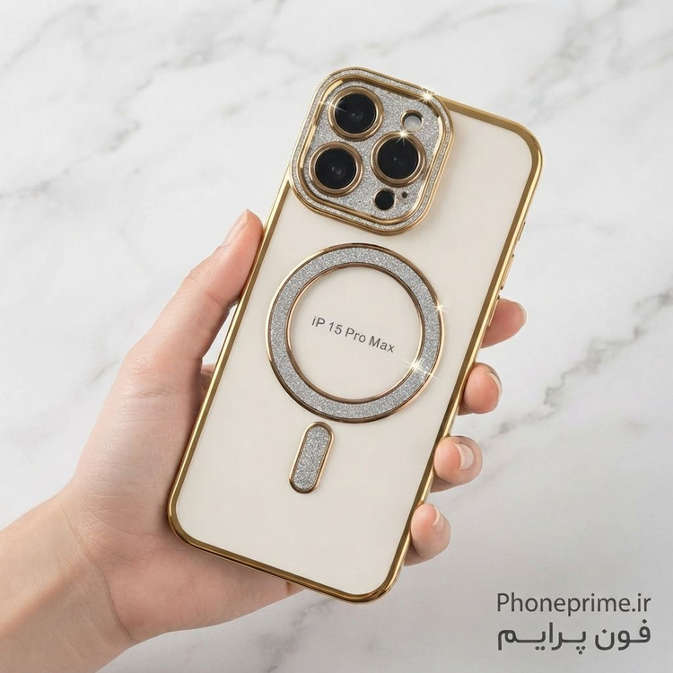 قاب آیفون 15 پرو مکس iPhone 15 Pro Max مدل Pro Shine لوکس شفاف اکلیلی مگ سیف با محافظ لنز