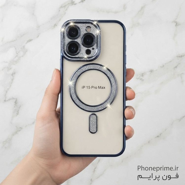 قاب آیفون 15 پرو مکس iPhone 15 Pro Max مدل Pro Shine لوکس شفاف اکلیلی مگ سیف با محافظ لنز