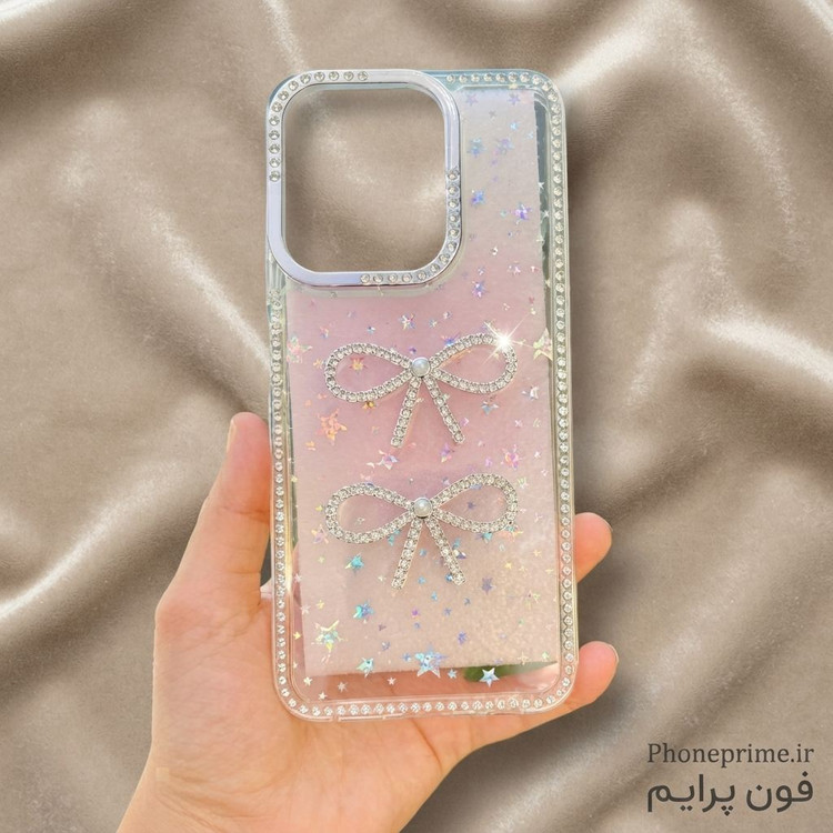 نمای پشت قاب جواهری آیفون ۱۶ پرو مکس مدل Luxury Shine Star با شاین هلوگرامی و طرح پاپیون برجسته