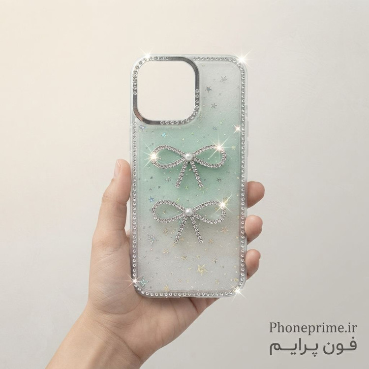 نمای پشت قاب جواهری آیفون ۱۶ پرو مکس مدل Luxury Shine Star با شاین هلوگرامی و طرح پاپیون برجسته