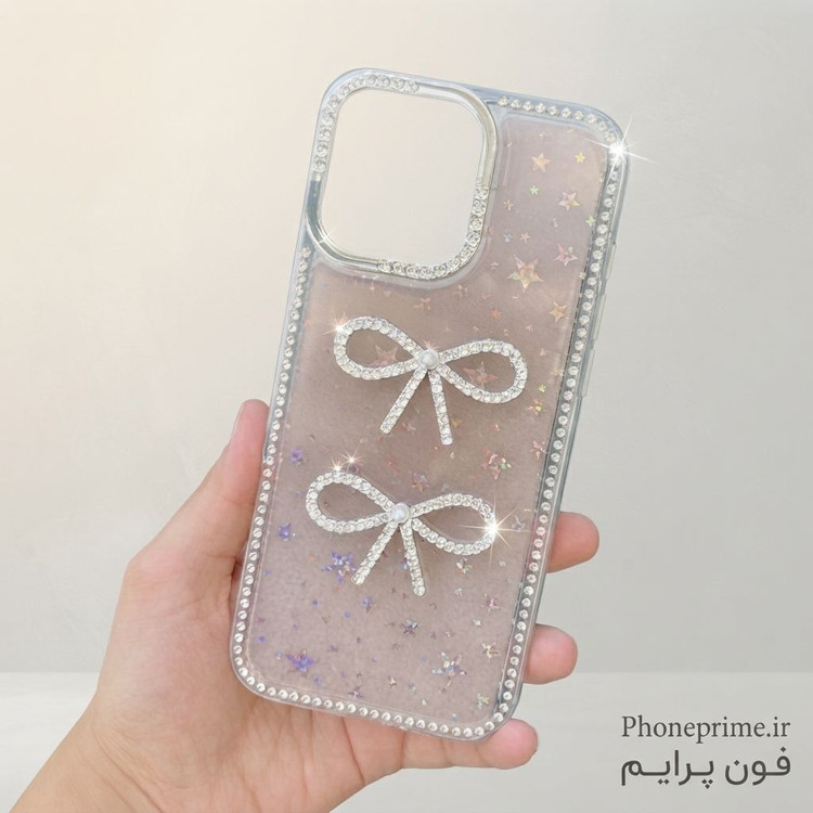 قاب جواهری آیفون ۱۳ پرو مکس مدل Luxury Shine Star با طرح پاپیون و شاین هلوگرامی ستارهای