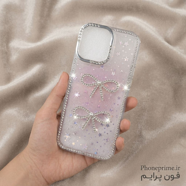 قاب جواهری آیفون ۱۳ پرو مکس مدل Luxury Shine Star با طرح پاپیون و شاین هلوگرامی ستارهای