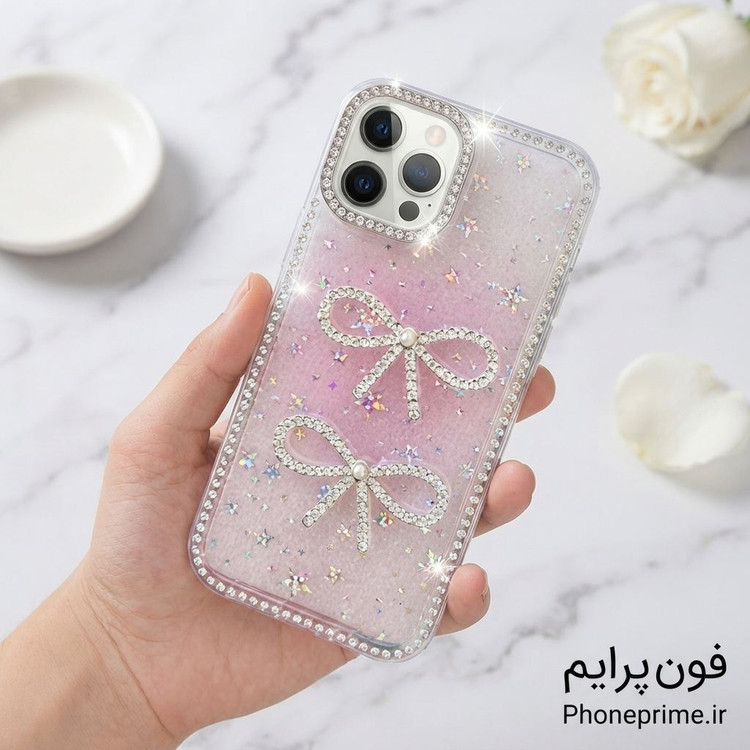 قاب جواهری آیفون ۱۳ پرو مکس مدل Luxury Shine Star با طرح پاپیون و شاین هلوگرامی ستارهای