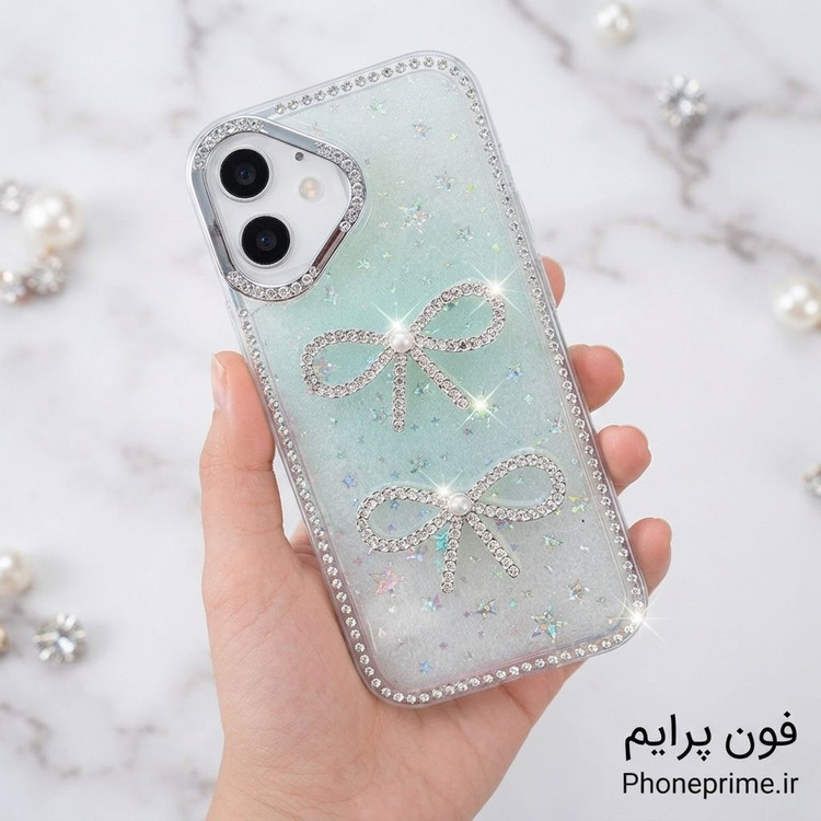 قاب لوکس آیفون ۱۶ مدل Luxury Shine Star با شاین ستارهای و دو پاپیون جواهری برجسته