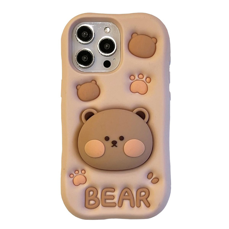 قاب فانتزی سیلیکونی کرمی طرح سهبعدی خرس برای آیفون ۱۶ پرو - iPhone 16 Pro 3D Bear Case