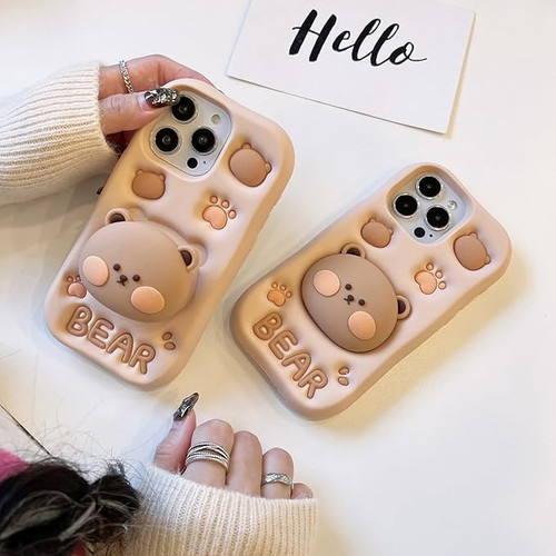 قاب فانتزی سیلیکونی کرمی طرح سهبعدی خرس برای آیفون ۱۴ پرومکس و ۱۵ پرومکس - iPhone 14 Pro Max 15 Pro Max 3D Bear Case