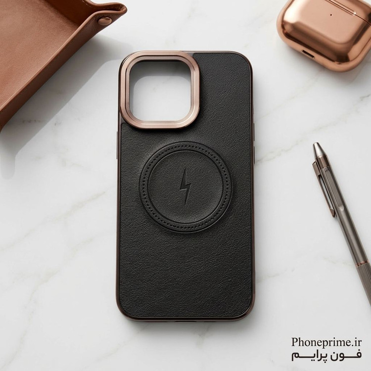 قاب چرمی مشکی مگسیفدار با فریم فلزی دور دوربین برای آیفون ۱۵ پرو مکس - iPhone 15 Pro Max Black Leather MagSafe Case