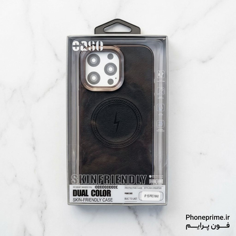 قاب چرمی مشکی مگسیفدار با فریم فلزی دور دوربین برای آیفون ۱۵ پرو مکس - iPhone 15 Pro Max Black Leather MagSafe Case