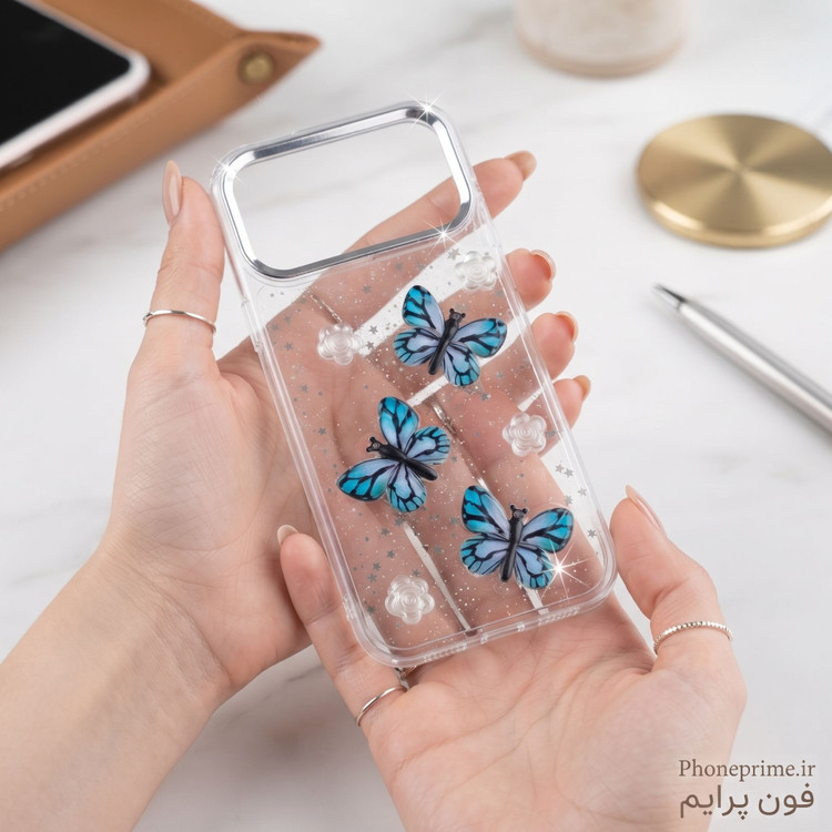 قاب آیفون ۱۷ پرومکس شفاف شاین پروانهای 3D | قاب فانتزی لوکس با بدنه فوقمحکم، لبه تقویتشده iphone 17 promax
