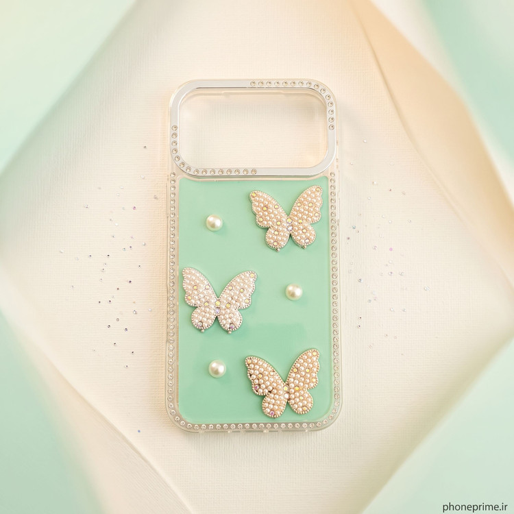قاب گوشی آیفون iPhone 17 Pro Max مدل Luxury Butterfly Pearl طرح پروانه جواهری و مروارید