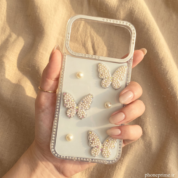 قاب گوشی آیفون iPhone 17 Pro Max مدل Luxury Butterfly Pearl طرح پروانه جواهری و مروارید