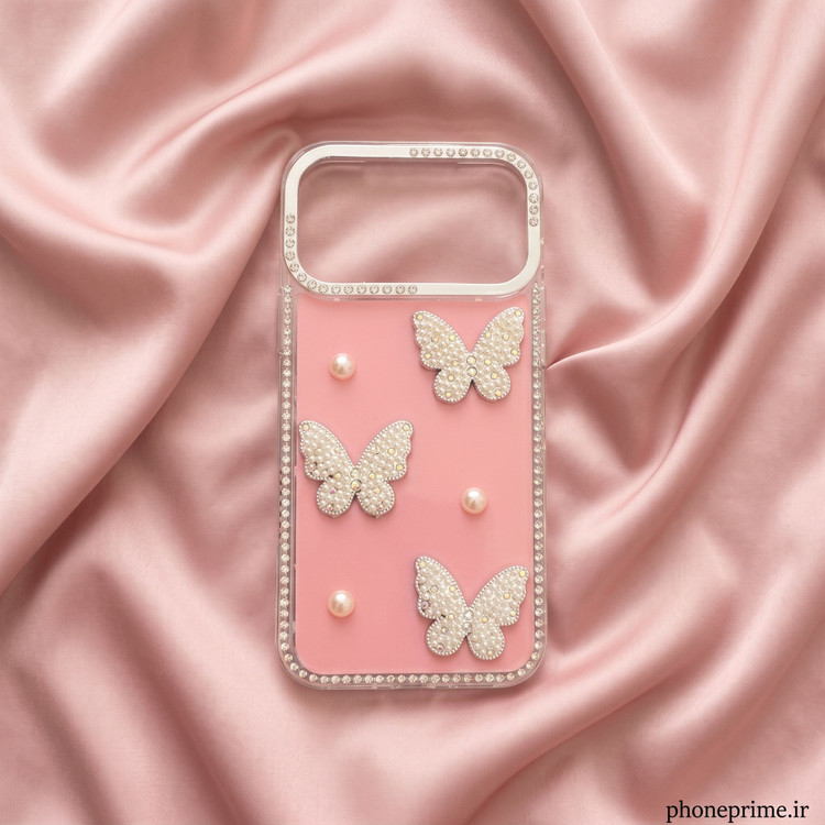 قاب گوشی آیفون iPhone 17 Pro Max مدل Luxury Butterfly Pearl طرح پروانه جواهری و مروارید