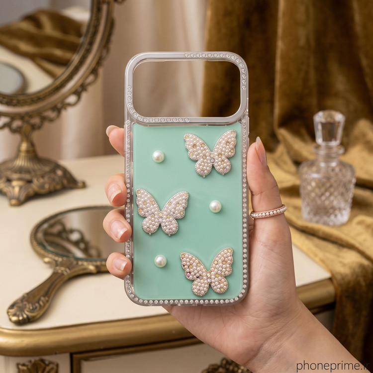قاب گوشی آیفون iPhone 17 Pro Max مدل Luxury Butterfly Pearl طرح پروانه جواهری و مروارید