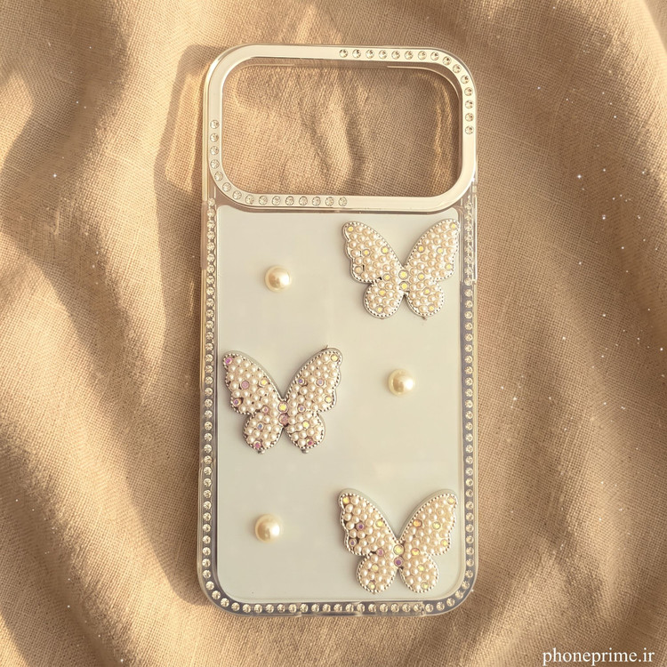 قاب گوشی آیفون iPhone 17 Pro Max مدل Luxury Butterfly Pearl طرح پروانه جواهری و مروارید