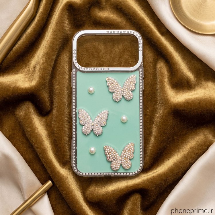 قاب گوشی آیفون iPhone 17 Pro Max مدل Luxury Butterfly Pearl طرح پروانه جواهری و مروارید