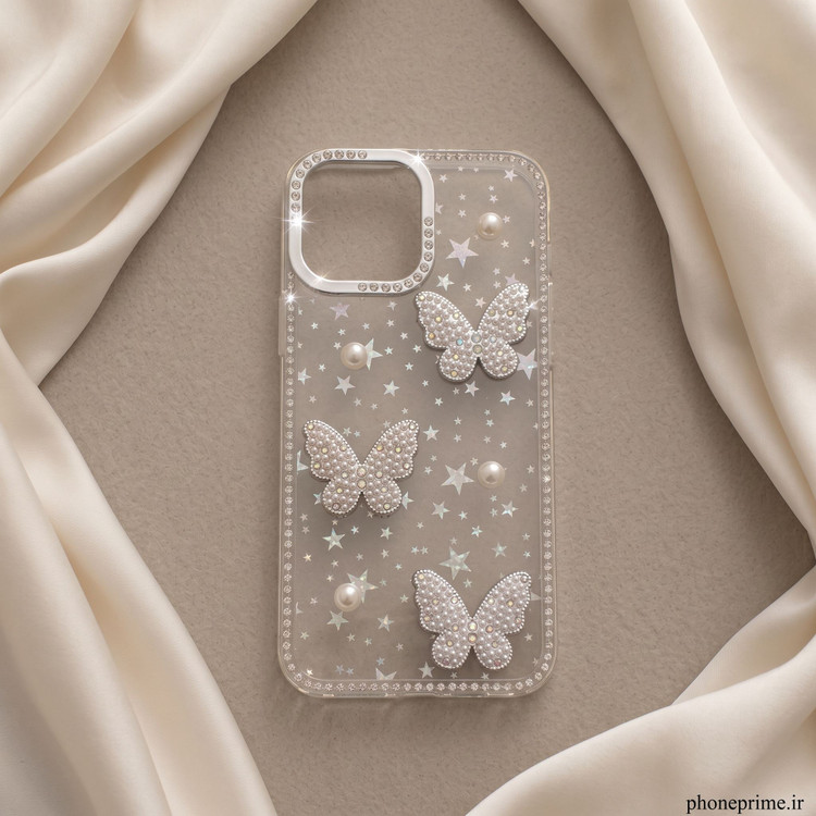 قاب گوشی آیفون iPhone 17 Pro Max مدل Luxury Butterfly Pearl طرح پروانه جواهری و مروارید
