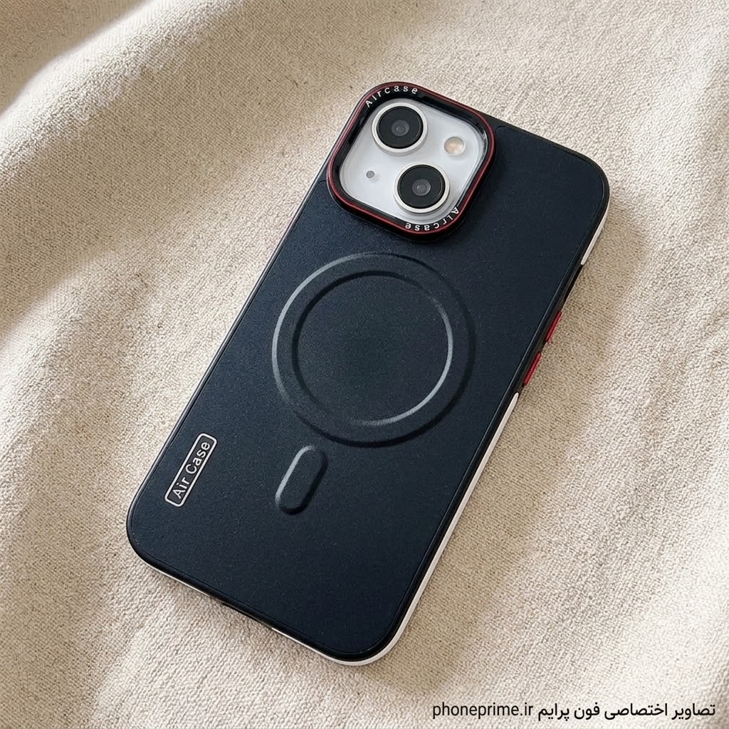 ‏قاب چرمی سبک و شیک آیفون 13 نرمال رنگ مشکی مات مدل Air Case دارای حلقه مگ سیف برجسته و فریم رنگی محافظ دوربین