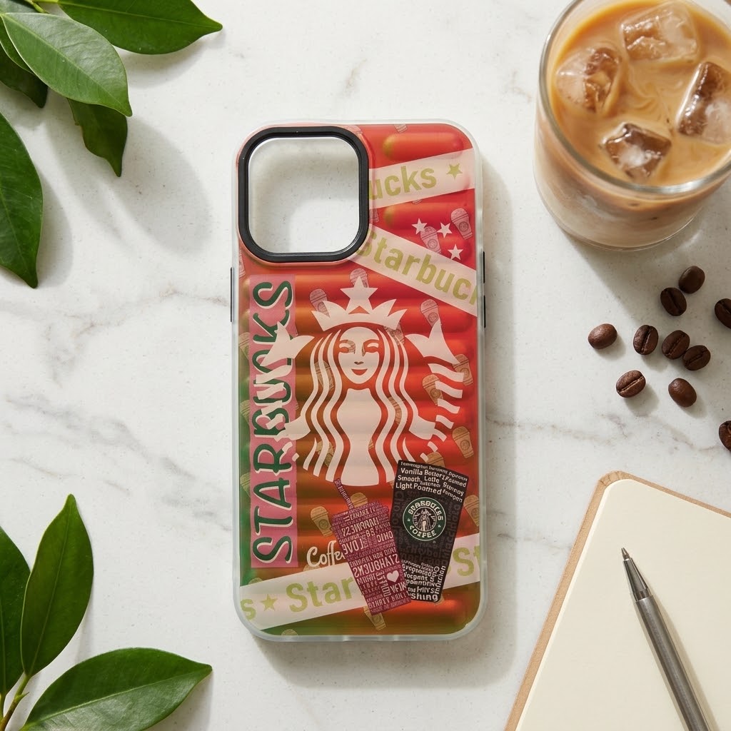 ‏قاب گوشی آیفون 13 پرو مکس با چاپ گرافیکی قهوه استارباکس Starbucks و پس زمینه هولوگرامی به همراه فریم محافظ دوربین مشکی رنگ
